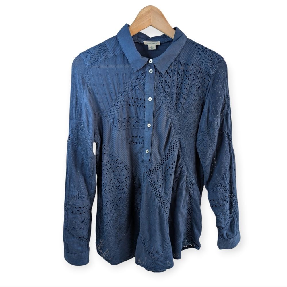 Sundance Womens Navy Blue Eyelet Blouse Small Long Sleeve